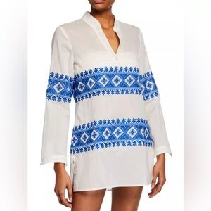 Tory Burch Stephanie Embroidered Coverup Tunic Top Ivory/blue Sz M NWT